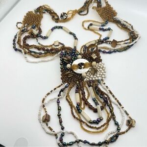 Boho Multi Strand Seed Bead Bib Necklace Brown Amber Cream Gold Statement